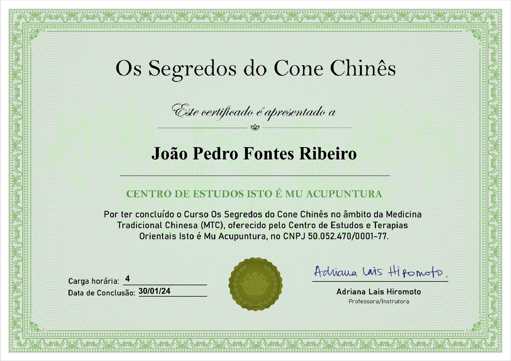 Certificado Os segredos do Cone Chinês